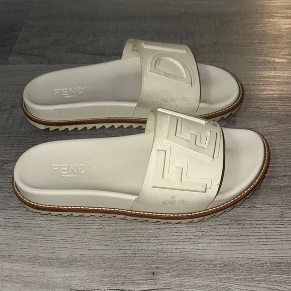 Fendi Cream Embossed Logo Slides